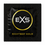 Front view of a single black and gold EXS Rightway Gold condom foil wrapper centered against a plain white background.