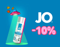 Promotional graphic banner on a blue background featuring a 10% discount text overlay next to a bottle of System JO H2O water-based personal lubricant illuminated by a pink UFO tractor beam.