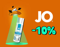 Halloween promotional banner set against an orange background, featuring a ghost pilot in an alien UFO tractor-beaming a bottle of System JO H2O Original Water-Based Lubricant, next to a large white "JO" logo and a cyan "-10%" discount text.