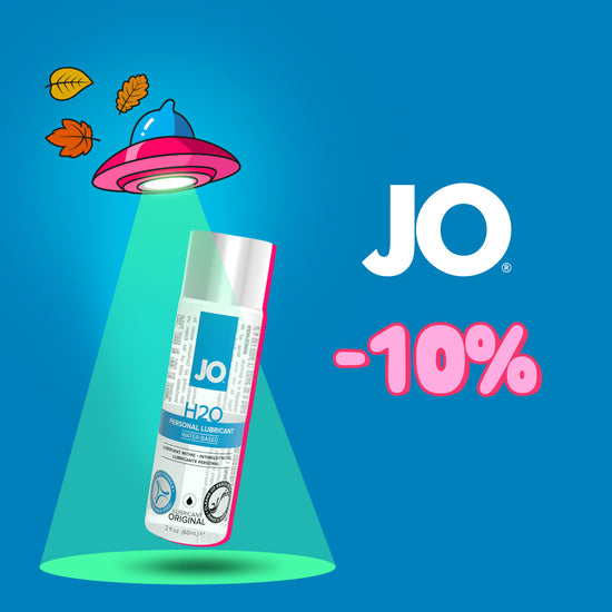 Promotional graphic banner on a blue background featuring a 10% discount text overlay next to a bottle of System JO H2O water-based personal lubricant illuminated by a pink UFO tractor beam.