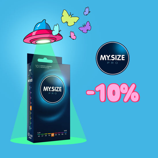 A promotional banner for My.Size Pro condoms against a blue background. The image shows a dark blue box of My.Size Pro condoms illuminated by a neon green light beam from a small, cartoonish UFO. Colorful butterflies fly near the top of the beam. On the right side, the My.Size Pro circular logo is visible above a large, bold pink "-10%" graphic indicating a discount.