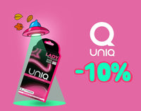 Promotional web banner on a pink background featuring a 10% discount callout alongside a box of Uniq Lady female condoms beam-lit by an UFO graphic.