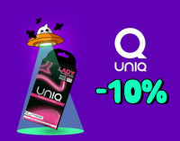Halloween promotional banner set against a purple background, showing a ghost in a UFO beaming down a box of UNIQ Lady Internal Condoms, alongside the white "Q UNIQ" brand logo and a cyan "-10%" discount graphic