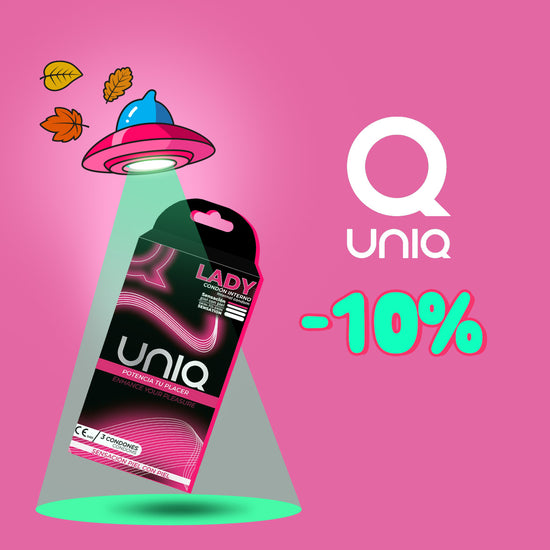 Promotional web banner on a pink background featuring a 10% discount callout alongside a box of Uniq Lady female condoms beam-lit by an UFO graphic.