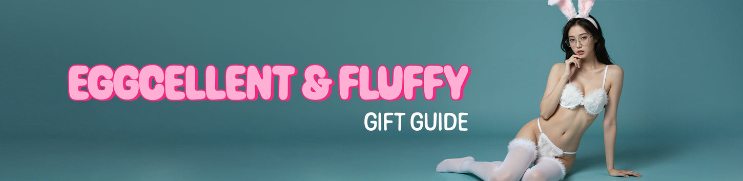 Woman in bunny ears and lingerie with 'EGGCELLENT & FLUFFY' text on a teal background