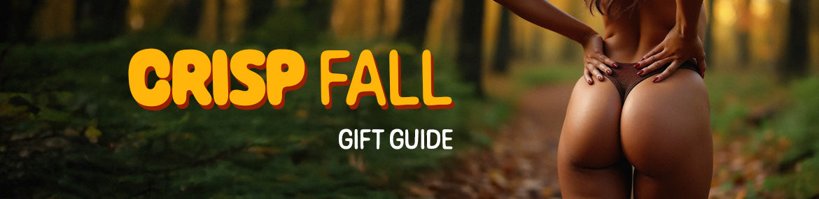Promotional graphic for a 'Crisp Fall Gift Guide' with a person in a forest setting.