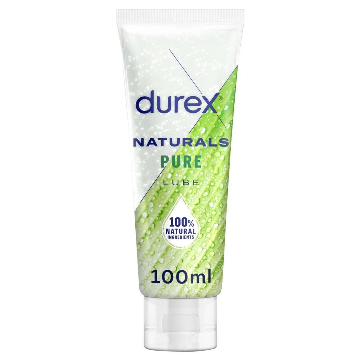An image of a 100ml tube of Durex Naturals Pure Lube. The tube is white with a vibrant green leaf graphic covered in water droplets. The text highlights '100% Natural Ingredients' inside a water droplet icon. Main image
