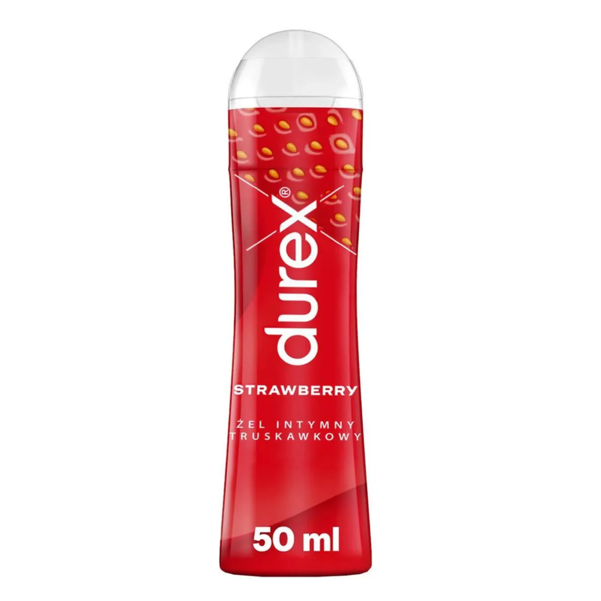 A product shot of a red 50ml bottle of Durex Strawberry lube. The bottle features the Durex logo, the word "STRAWBERRY".