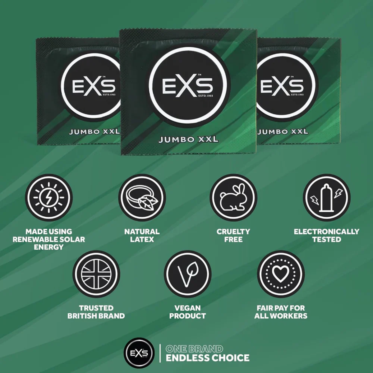This graphic shows three EXS Jumbo XXL condom wrappers above a series of seven circular icons detailing the brand’s standards: Made using renewable solar energy, Natural latex, Cruelty-free, Electronically tested, Trusted British brand, Vegan product, Fair pay for all workers.