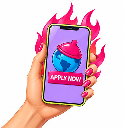 Hand holding a smartphone with a globe icon and “Apply Now” button, framed by bright pink flames.