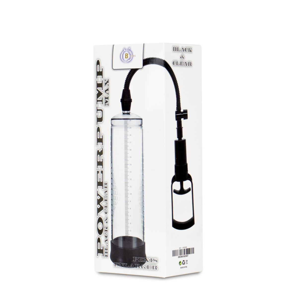 Front packaging shot displaying the white box with "POWERPUMP MAX BLACK & CLEAR PENIS ENLARGER" text and an image of the clear cylinder with black squeeze pump. Main image