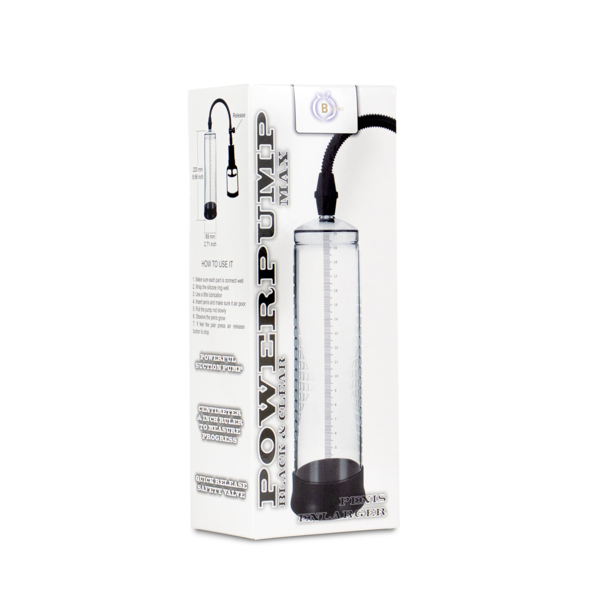 Side panel view of the packaging box showing product feature callouts ("POWERFUL SUCTION PUMP", "CENTIMETER & INCH RULER", "QUICK RELEASE SAFETY VALVE") and usage steps.