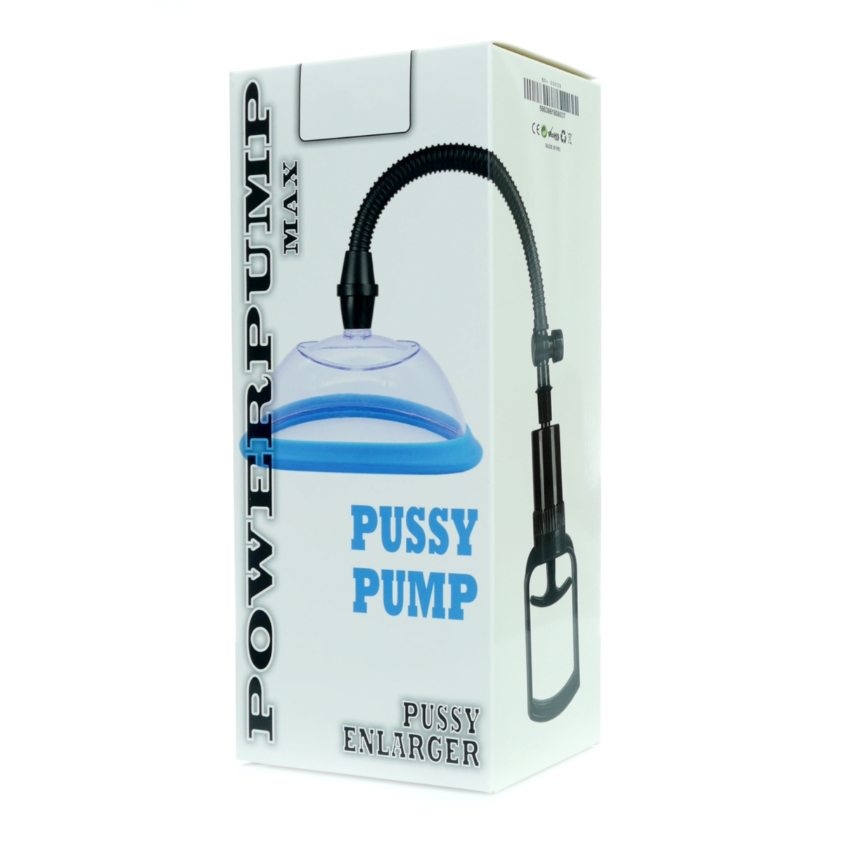 Front packaging shot displaying the white retail box with "POWERPUMP MAX PUSSY PUMP PUSSY ENLARGER" text and product artwork. Main image