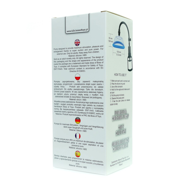 Rear and side packaging box view showing product dimensions, usage steps, feature callouts, and multi-language safety information.