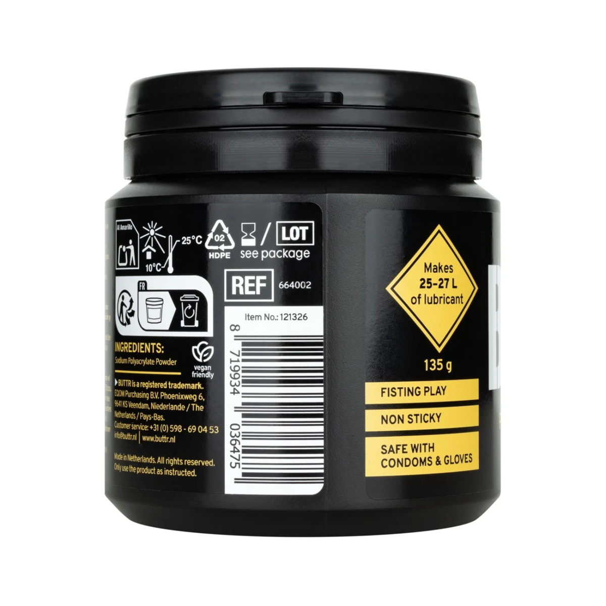 Back view of the black tub displaying barcode details, ingredients, manufacturer info, and key feature badges like "Makes 25-27 L of lubricant".