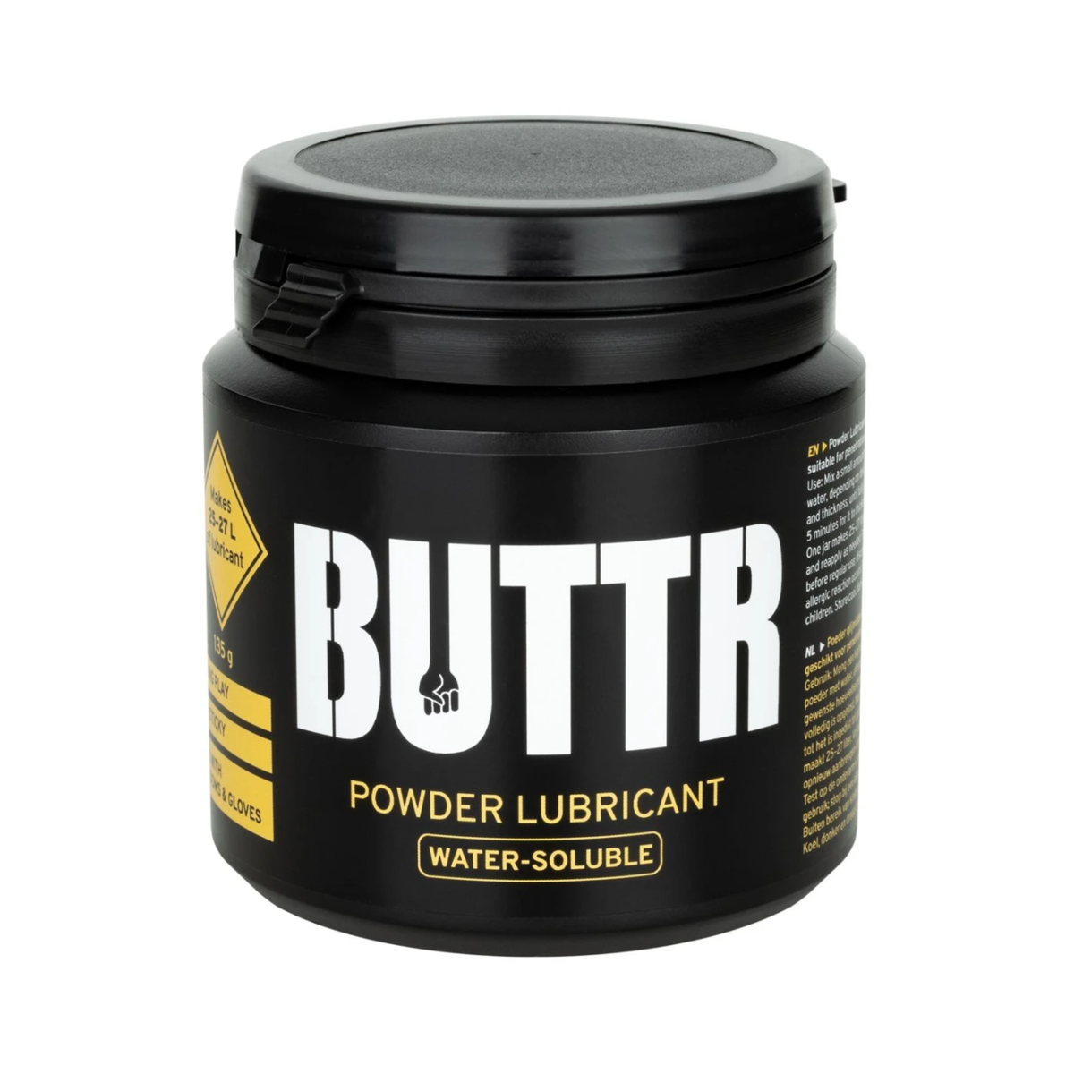 Front studio product shot of the black 135 g BUTTR Powder Lubricant tub isolated on a white background. Main image