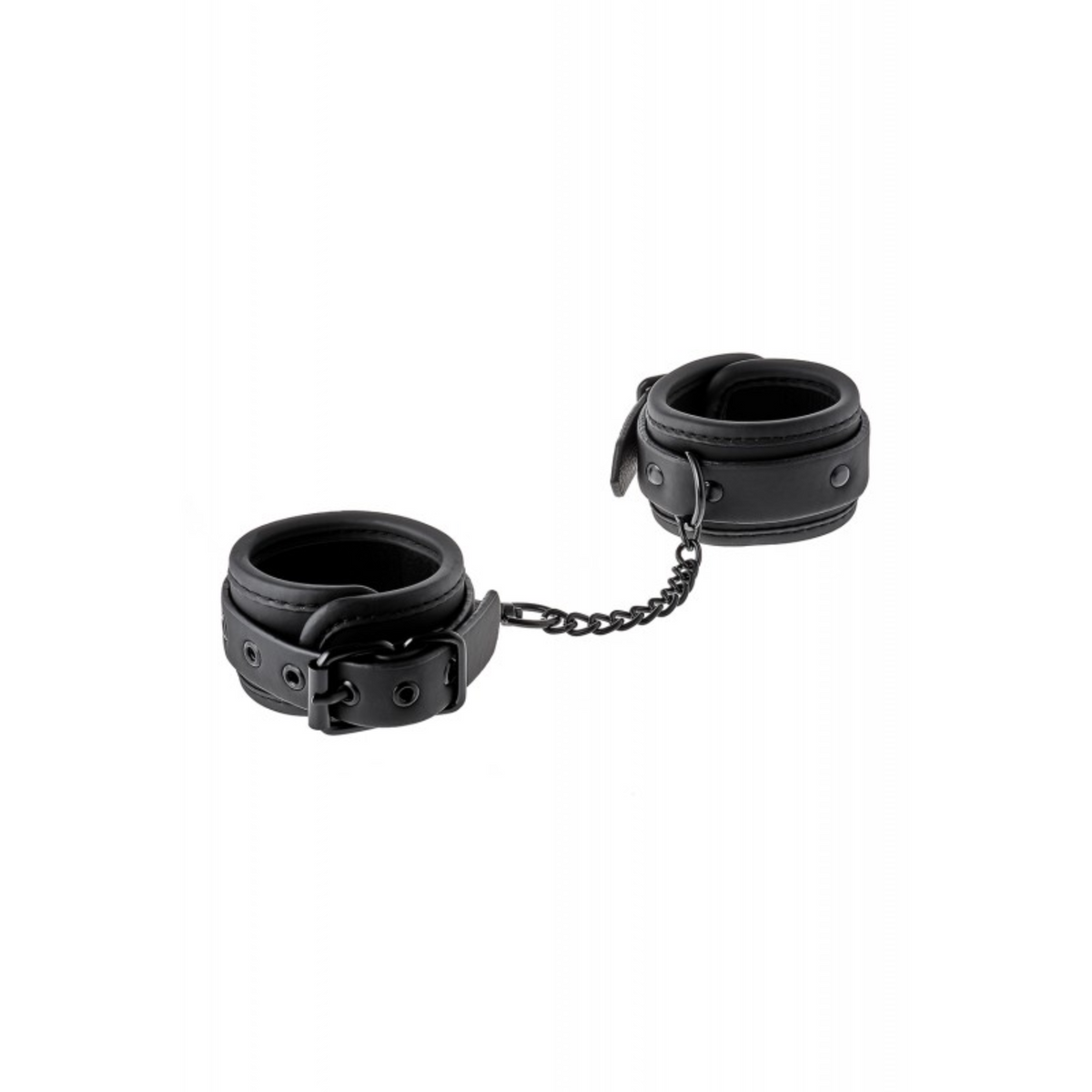 A pair of black, Blaze Luxury Fetish HandCuffs connected by a short metal chain, resting open.