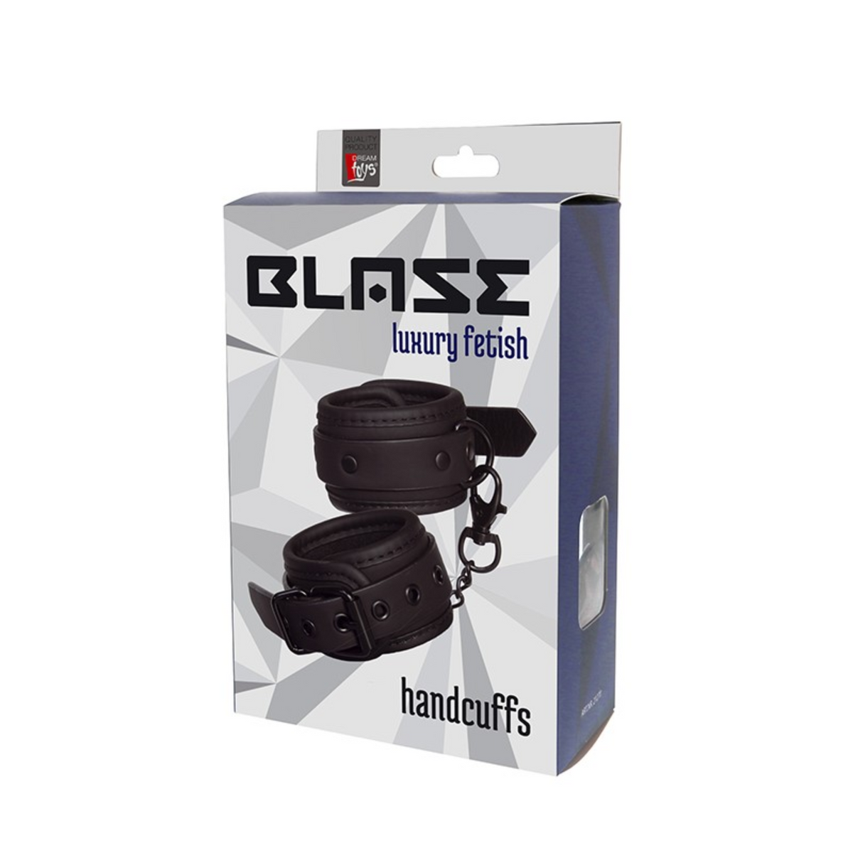 Black product packaging for Blaze Luxury Fetish Handcuffs, featuring an image of the cuffs. Main image