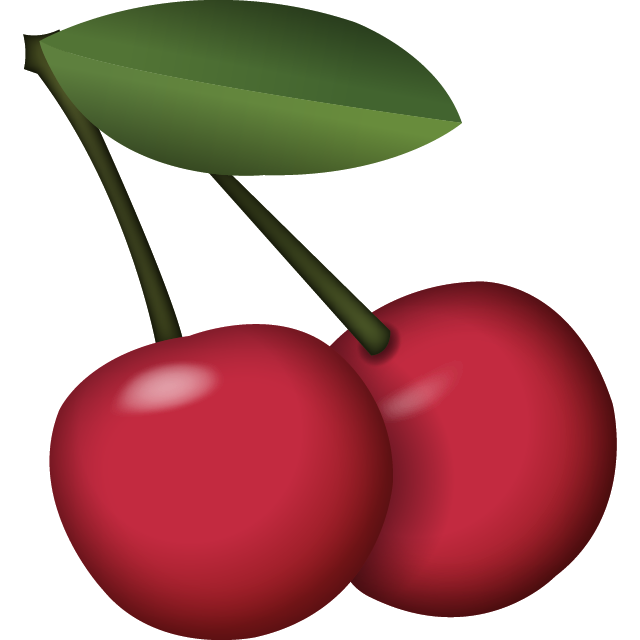 Two red cherries with a green leaf on a white background