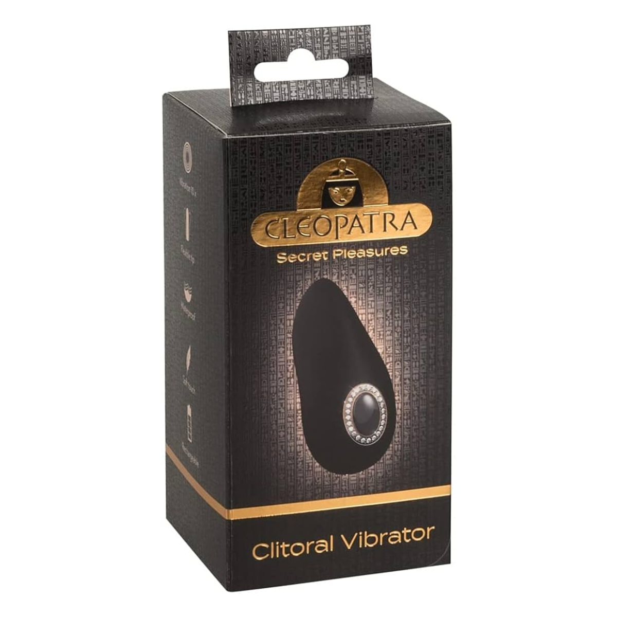 Studio packaging shot of the black and gold Cleopatra Secret Pleasures Clitoral Vibrating Massager box standing at a three-quarter angle against a white background, featuring hieroglyphic patterns, feature icons, and a product image. Main image
