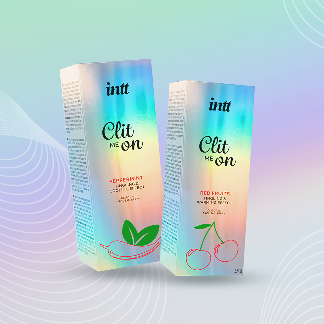Two 'intt' product boxes with colorful gradient design on a light background