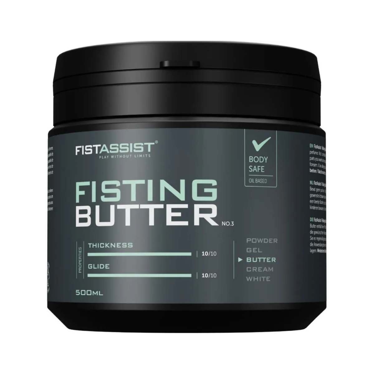 Front studio shot of the 500 ml FistAssist Fisting Butter No. 3 tub against a dark background, showcasing its oil-based label with maximum 10/10 ratings for both thickness and glide. Main image