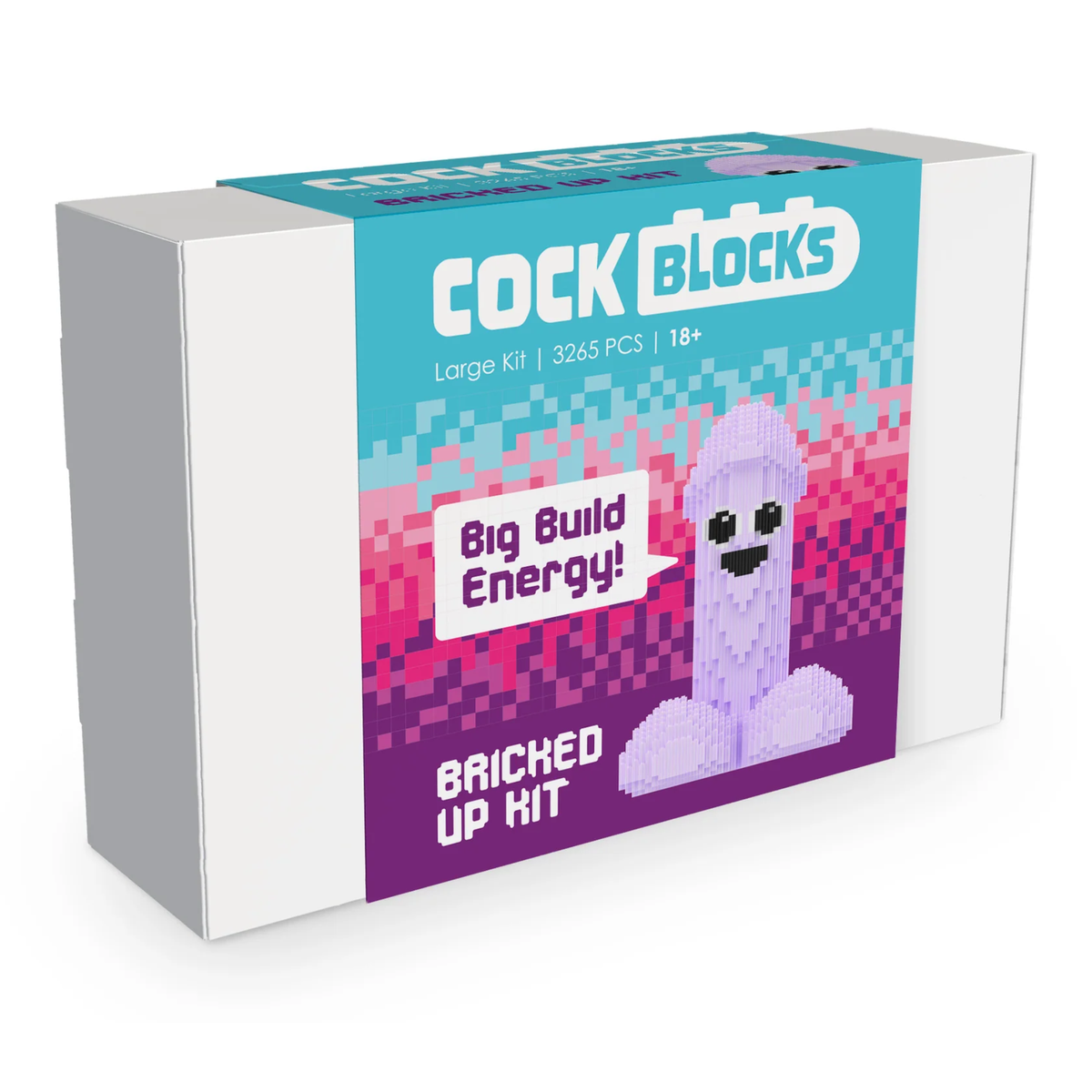 Front packaging box view of the Cock Blocks Bricked Up Kit featuring cyan and purple pixel art graphics and the slogan "Big Build Energy!" Main image