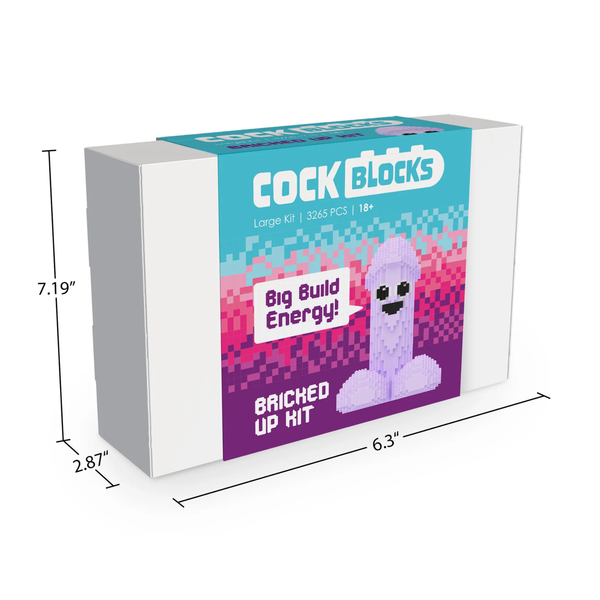 Perspective packaging graphic displaying overall box dimensions for the Cock Blocks Bricked Up Kit: 7.19" height, 6.3" width, and 2.87" depth.