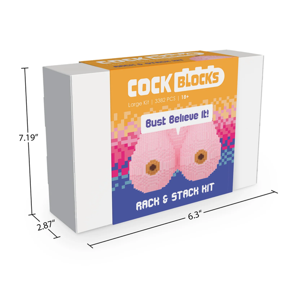 Perspective packaging graphic displaying box dimensions for the Cock Blocks Rack & Stack Kit: 7.19" height, 6.3" width, and 2.87" depth.