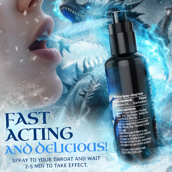 Informational graphic titled "Fast Acting and Delicious!" showing spray mist heading toward an open mouth, with a rear view of the bottle label detailing Drug Facts (5% Benzocaine active ingredient) and directions to wait 2–5 minutes for effect.