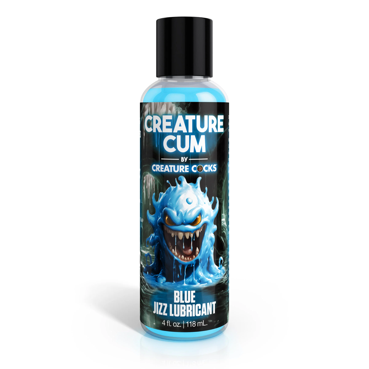 Front studio view of the 4 fl oz (118 ml) clear squeeze bottle of Creature Cum Blue Water-Based Jizz Lubricant, featuring a blue slime monster illustration and a black cap. Main image