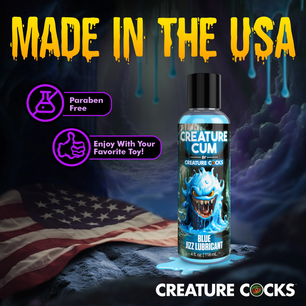 Banner titled "Made in the USA" displaying the 4 fl oz bottle of blue jizz lubricant next to an American flag, with feature badges for "Paraben Free" and "Enjoy With Your Favorite Toy!"