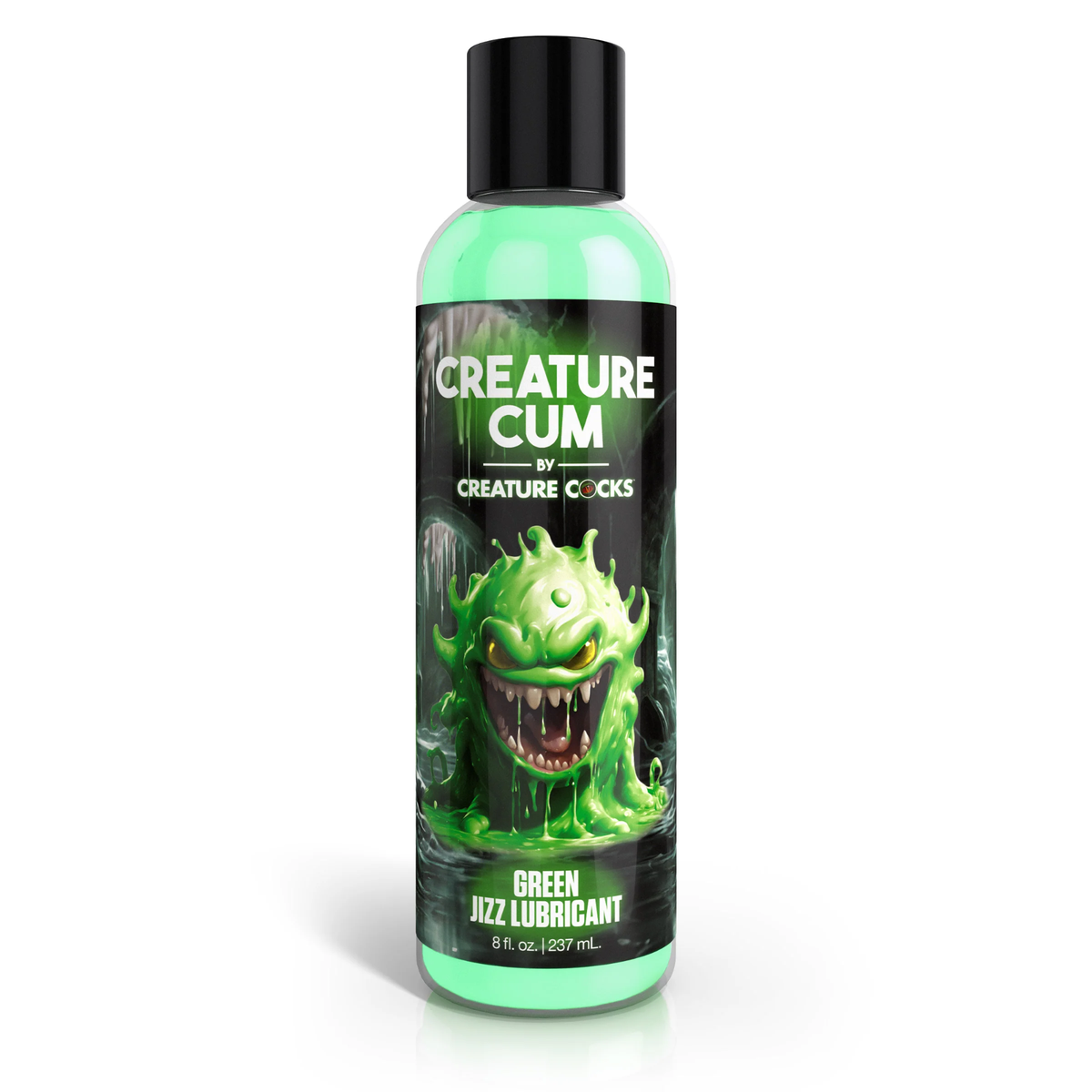 Front studio view of the 8 fl oz (237 ml) clear squeeze bottle of Creature Cum Green Water-Based Jizz Lubricant, featuring a green slime monster illustration and a black cap. Main image