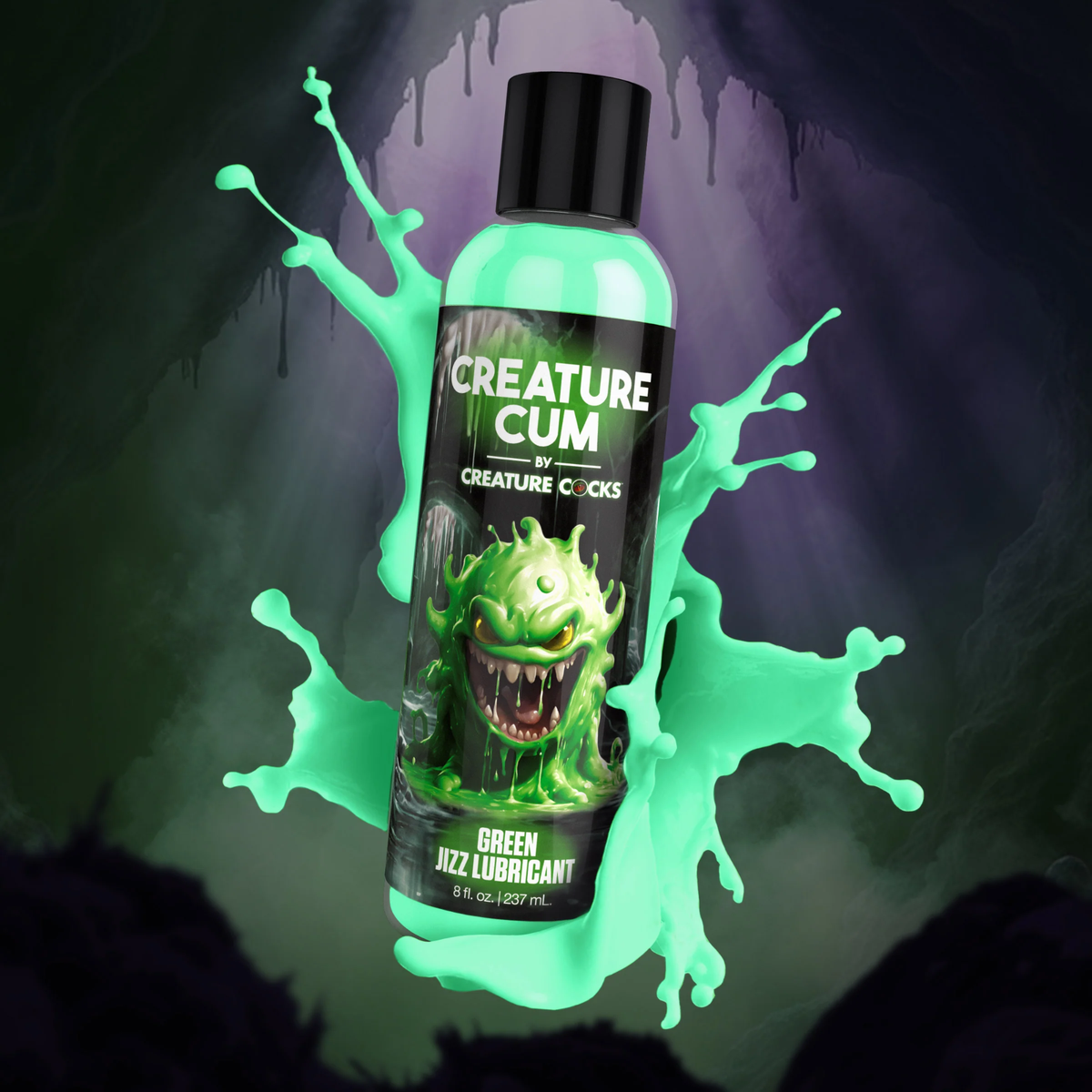 Action product graphic displaying the 8 fl oz bottle surrounded by a splash of opaque green liquid against a dark cave backdrop.