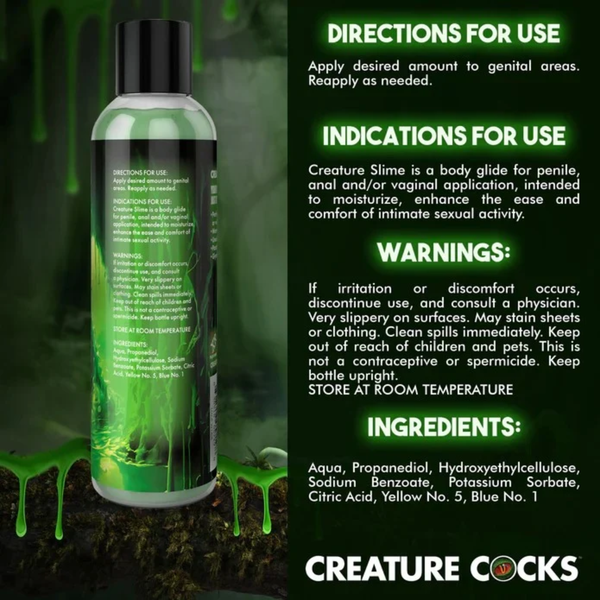 Back label packaging graphic displaying directions for use, indications, warnings, and full ingredients list alongside a bottle of Green Slime Lubricant.