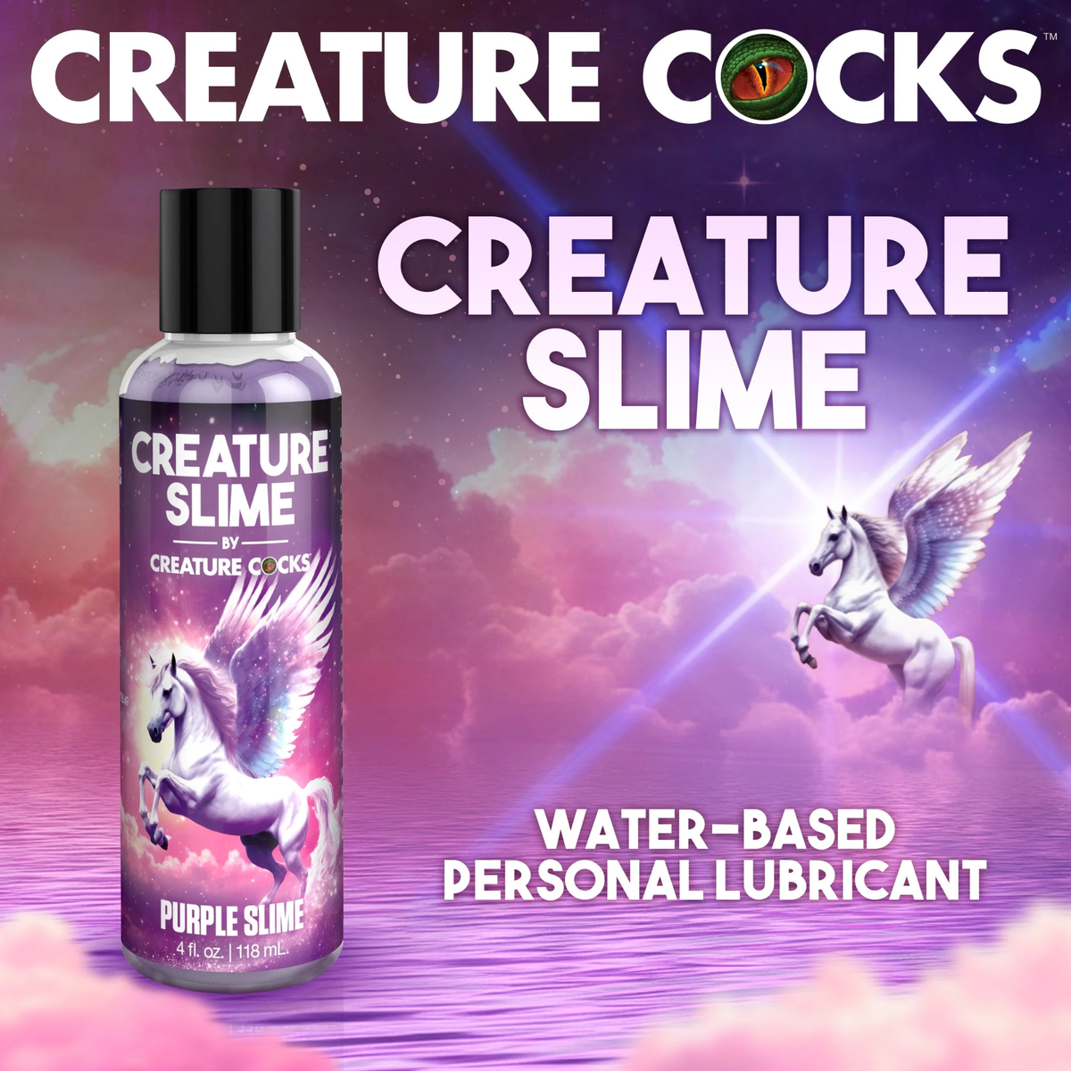 Promotional graphic titled "Creature Slime Water-Based Personal Lubricant" featuring the 4 fl oz bottle alongside a winged pegasus soaring through purple clouds.