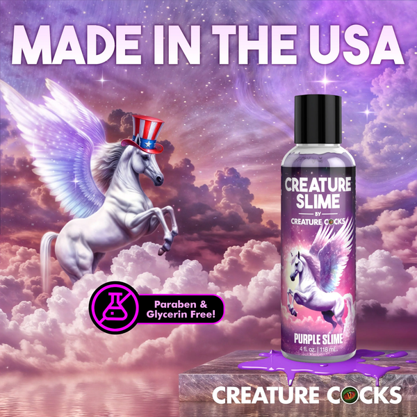 Marketing graphic titled "Made in the USA" displaying a white pegasus wearing an Uncle Sam top hat next to the 4 fl oz bottle and a "Paraben & Glycerin Free!" badge.