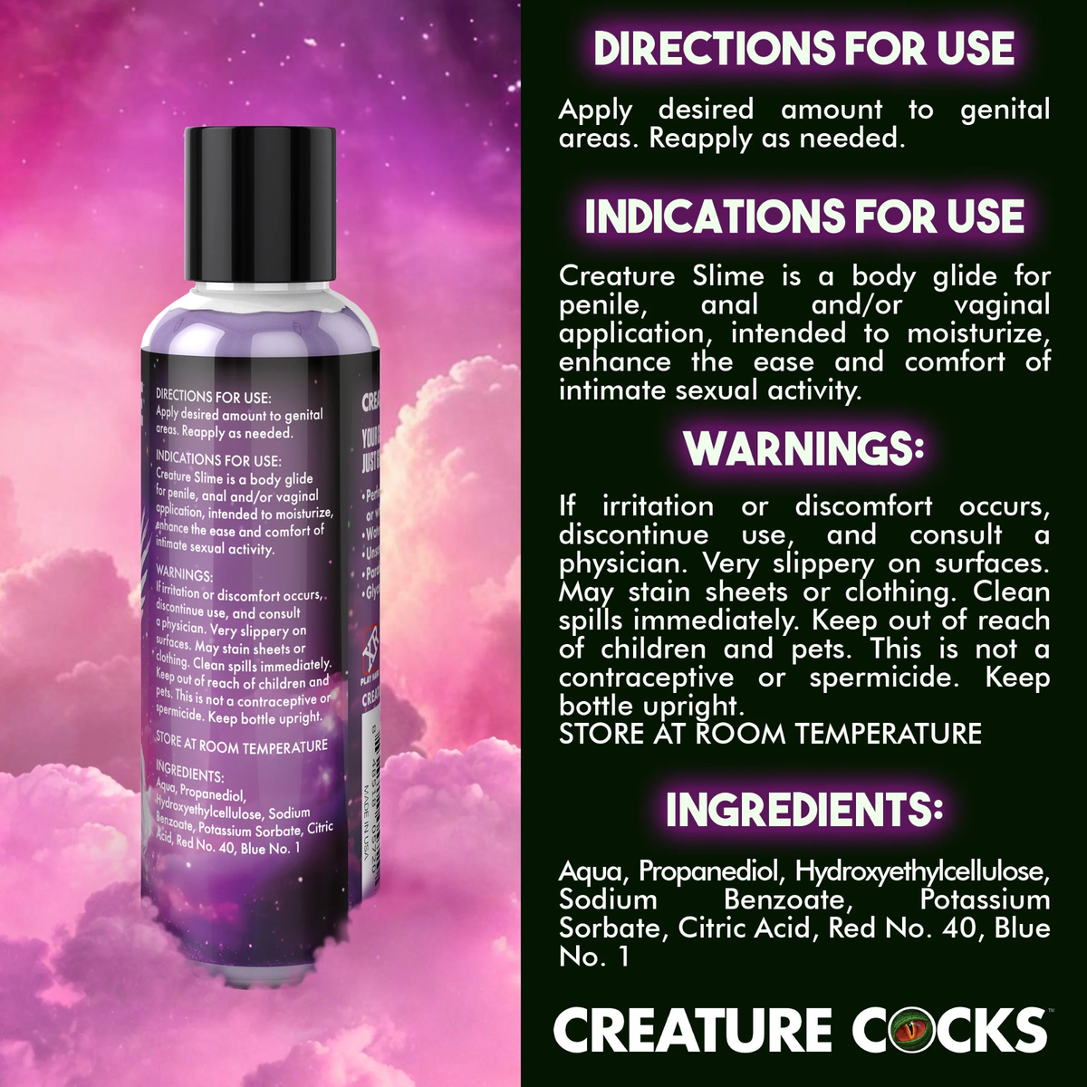 Back label packaging graphic displaying directions for use, indications, warnings, and full ingredients list (including Red No. 40 and Blue No. 1) alongside a bottle of Purple Slime Lubricant.
