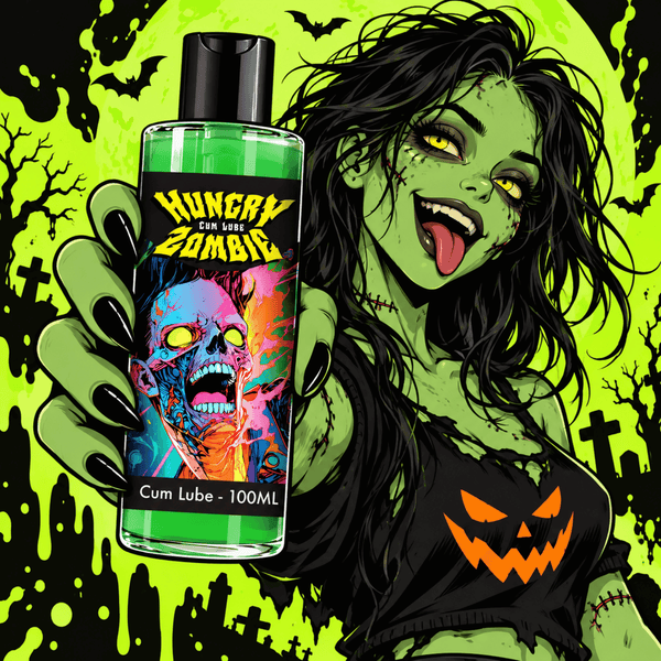 Green-skinned zombie woman holds a bright green bottle of “Hungry Zombie” lube in a graveyard scene.