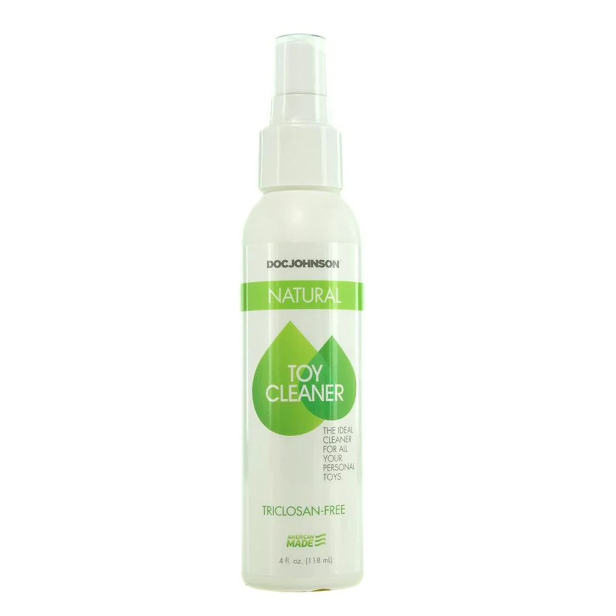 Front studio shot of the 4 fl oz (118 ml) white spray bottle of Doc Johnson Natural Toy Cleaner with a green leaf design emblem and clear spray nozzle. Main image