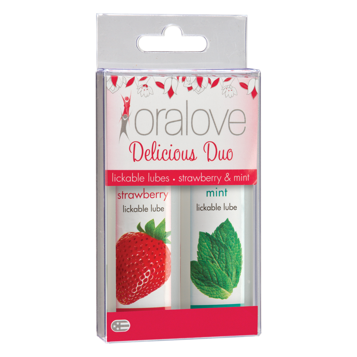Front packaging view of the Doc Johnson Oralove Delicious Duo set, featuring a clear hanging display box housing both the Strawberry and Mint lickable lube bottles. Main image