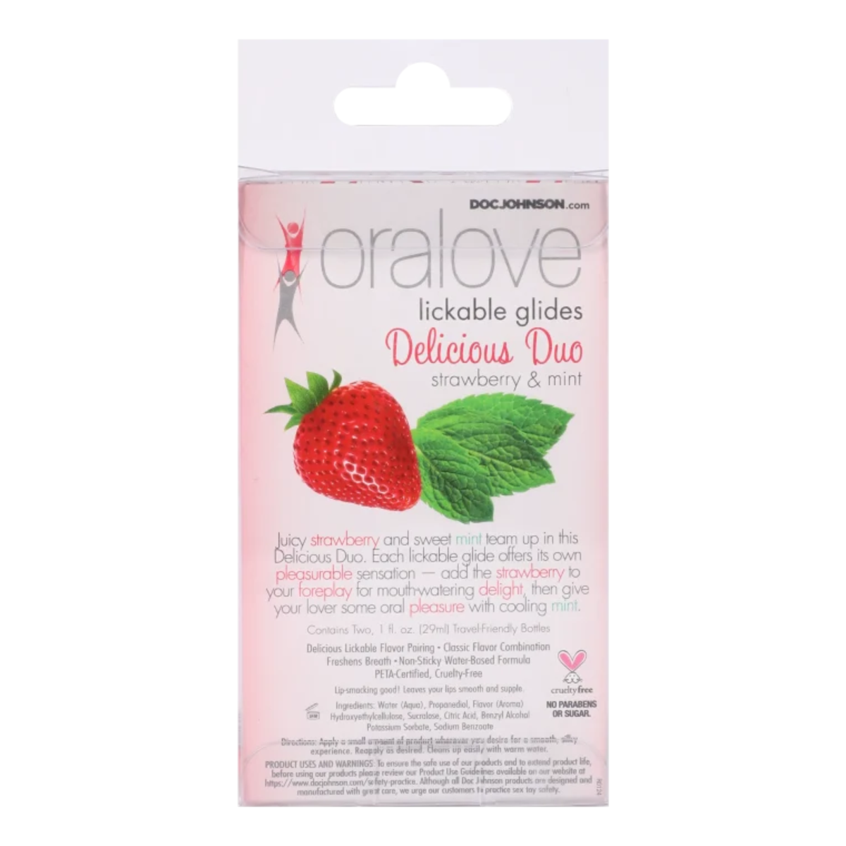 Back of packaging view showing the product description, usage directions, ingredients list, cruelty-free certification, and Doc Johnson brand details.