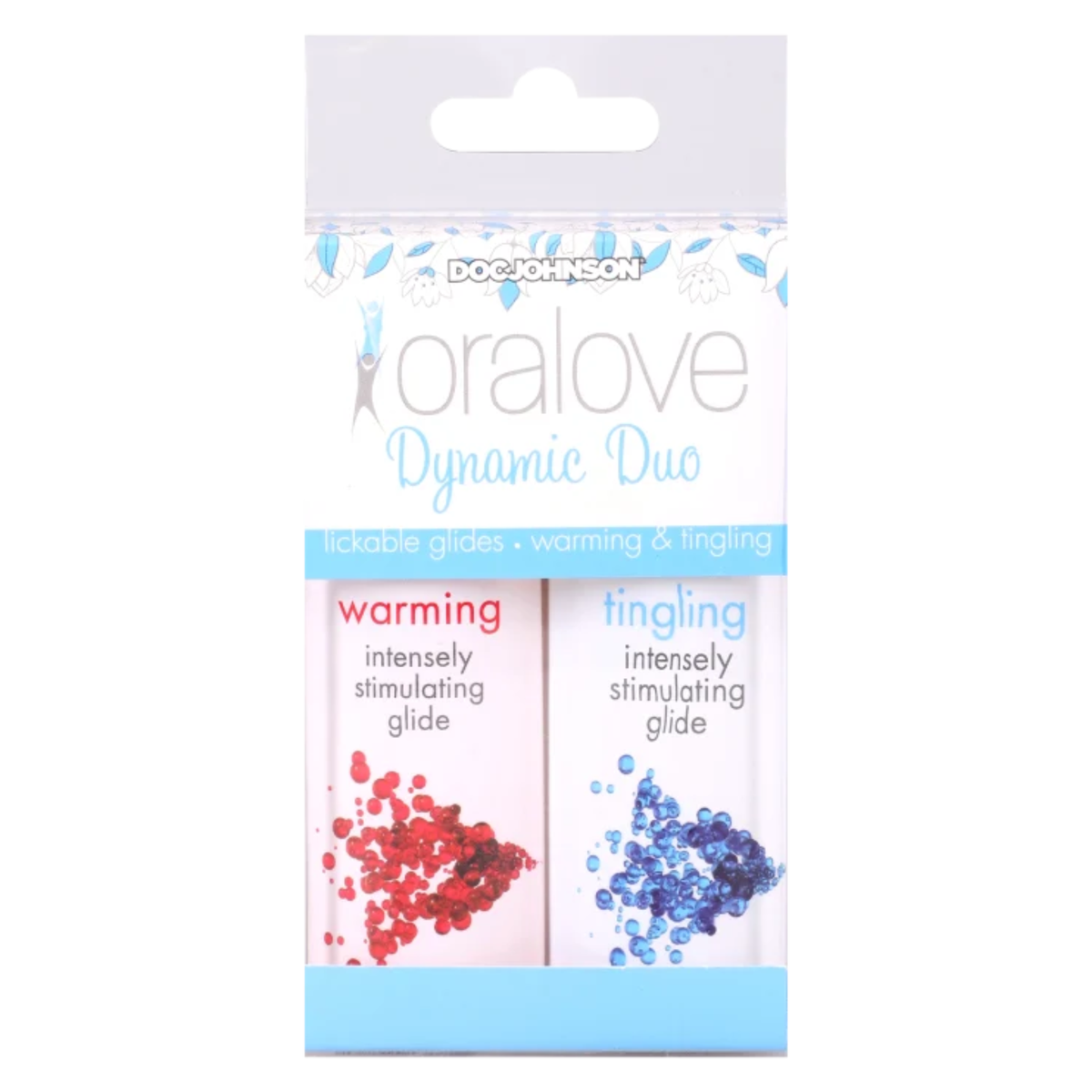 Front packaging view of the Doc Johnson Oralove Dynamic Duo set, showing the clear hanging display box showcasing both the Warming (red accent) and Tingling (blue accent) 1 oz bottles Main image