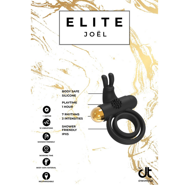 Product graphic for the Elite Joël vibrating ring, listing features like "BODY SAFE SILICONE," "10 VIBRATIONS," "RECHARGEABLE," and "SHOWER FRIENDLY IPX5.