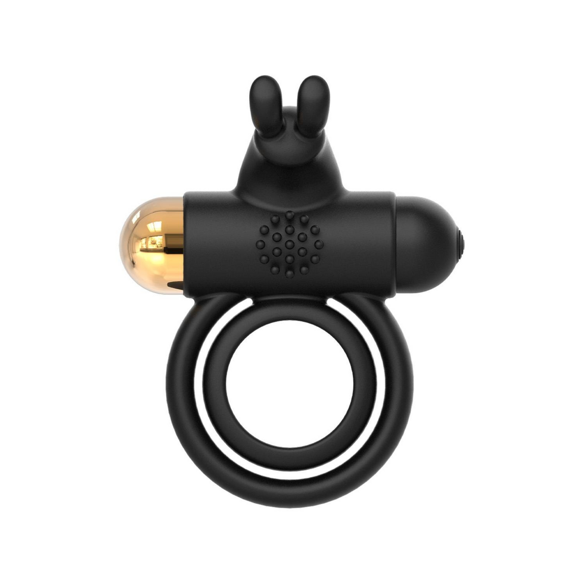 Front view of the black vibrating cock ring with two stimulators, a textured pad, and a gold cap on the main motor.