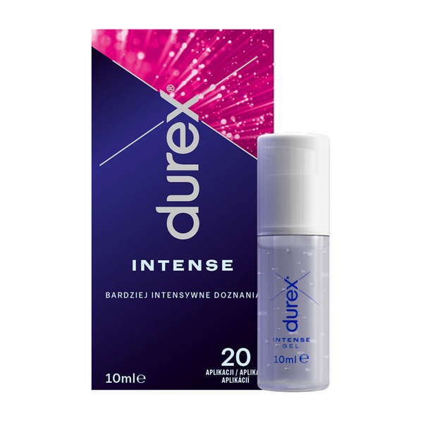 A product shot showing the Durex Intense Stimulating Gel. The blue and pink box is visible on the left, next to the small, clear 10ml pump bottle of the gel. 