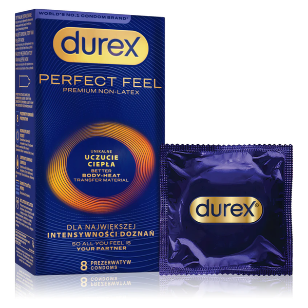 A dark blue Durex Perfect Feel "Premium Non-Latex" condom box standing next to a single purple foil wrapper. The packaging features gold accents and a glowing orange circular ripple design. The text includes the Durex logo in a gold pill shape and Polish phrases like "Unikalne Uczucie Ciepła" (Unique Feeling of Warmth). The bottom indicates it is an 8-pack.