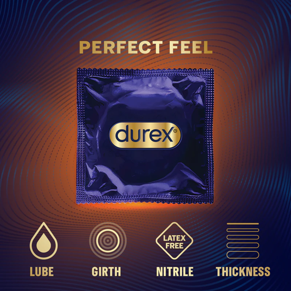 A promotional graphic showing a single purple Durex condom sachet centered against a dark blue background with glowing orange highlights. Below the sachet are four gold icons labeled: "LUBE" (a drop), "GIRTH" (concentric circles), "NITRILE LATEX FREE" (a diamond shape), and "THICKNESS" (horizontal lines). The title "PERFECT FEEL" appears in gold at the top.
