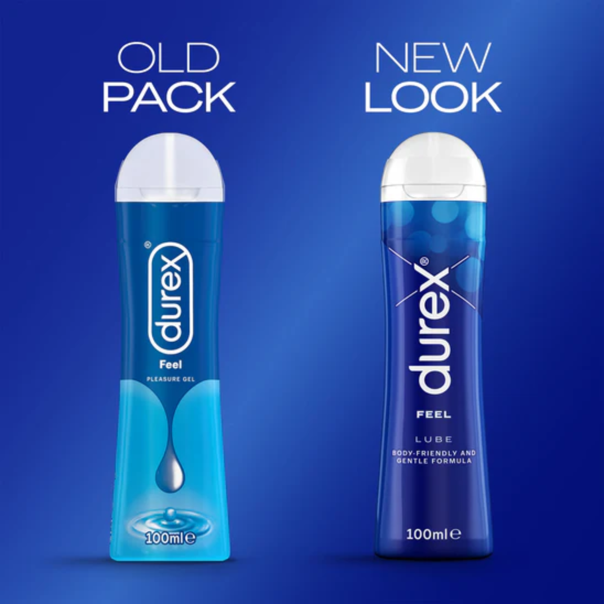 A comparison graphic showing the "OLD PACK" next to the "NEW LOOK" of Durex Play Feel Originals lube.