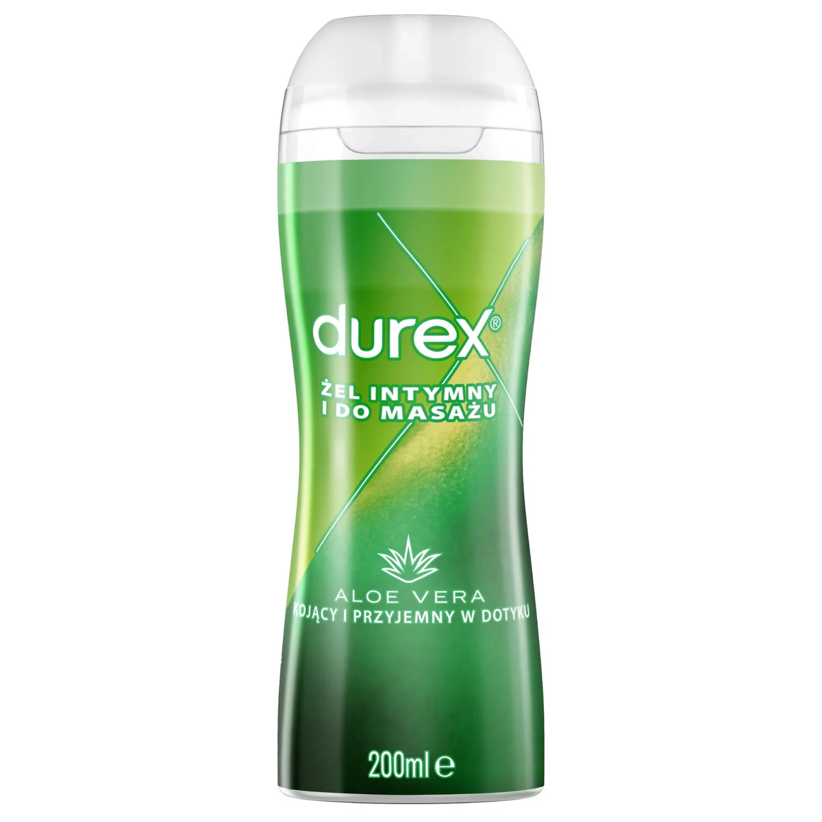 A front-facing image t of a 200ml bottle of Durex Massage Lube with Aloe Vera. The bottle has a curved, ergonomic design with a green and yellow gradient label featuring a graphic of an aloe vera leaf and Polish text describing it as a soothing intimate and massage gel. Main image